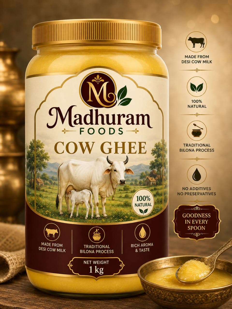 Madhuram Foods Desi Cow Ghee, 1 Kg jar