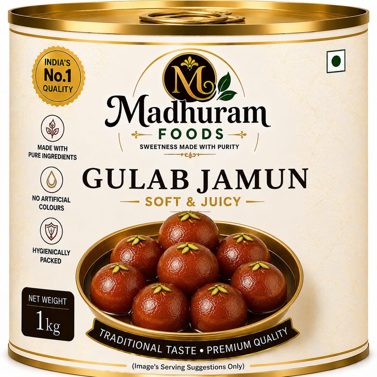 A tin of Madhuram Foods Gulab Jamun