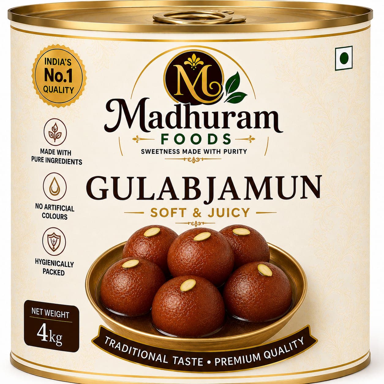 A 4 Kg catering tin of Madhuram Foods Gulab Jamun