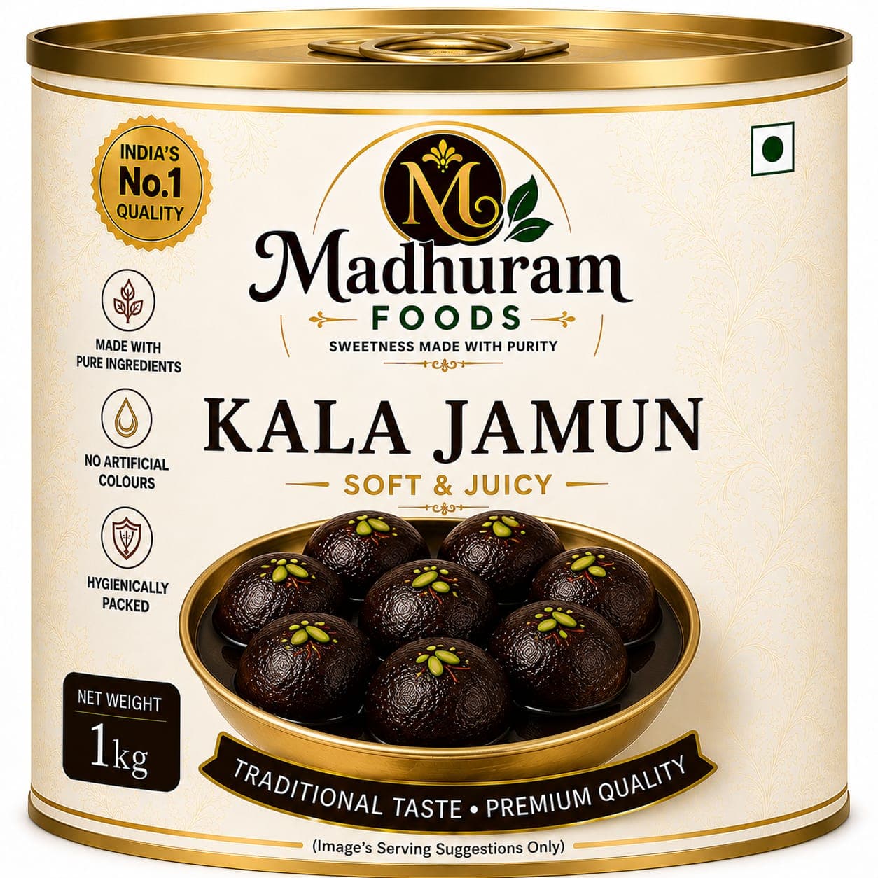 A tin of Madhuram Foods Kala Jamun