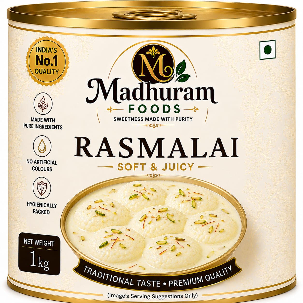 A tin of Madhuram Foods Rasmalai